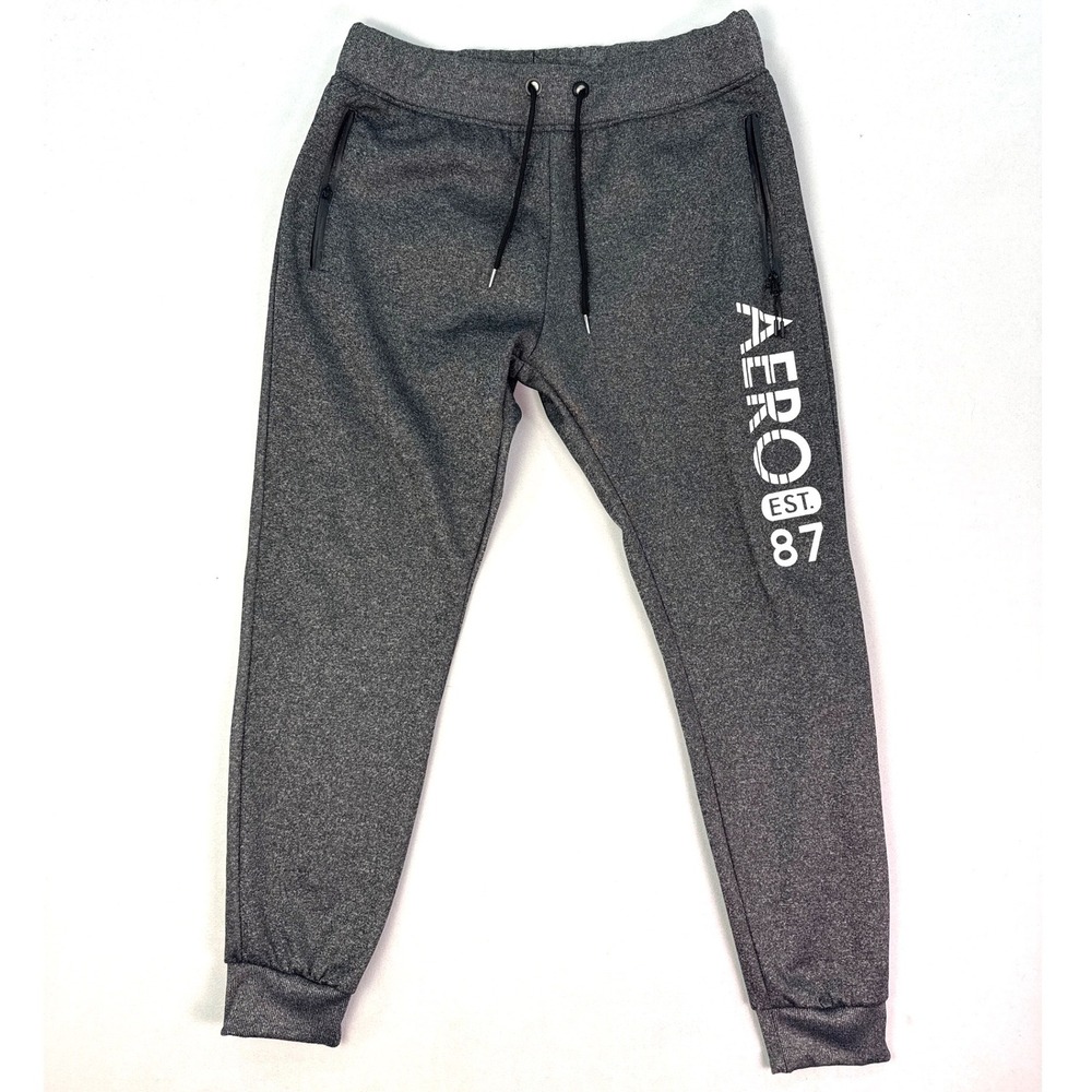 Aeropostale Mens XL Gray Heathered Fleece Joggers Aero Est 87 Zip Pockets